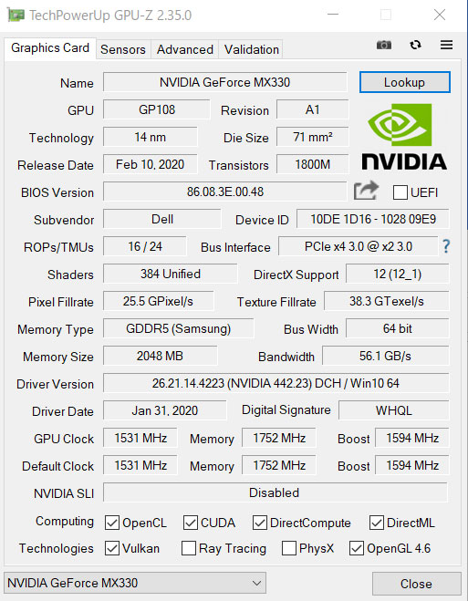 uNVIDIA GeForce MX330 2GB GDDR5vGPU-ZŌ