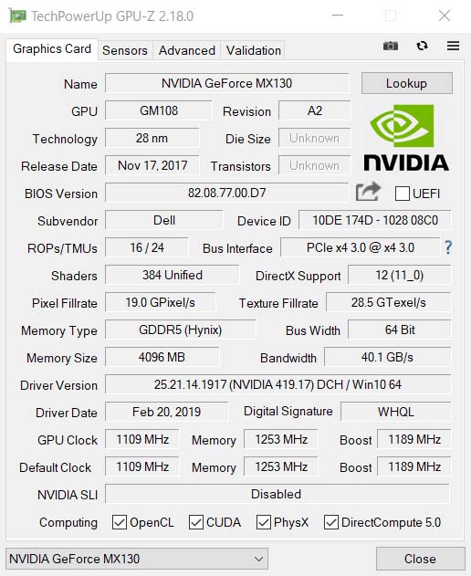 GPU-ZŁuNVIDIA GeForce MX130 (4GB GDDR5 OtBbNX [)vB