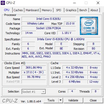 CPU-ZŁuCore i5-8265U vZbT[v