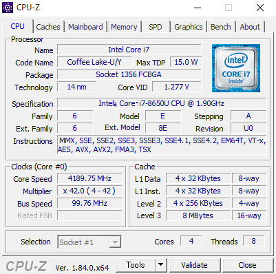 CPU-ZŁuCore i7-8650U vZbT[v