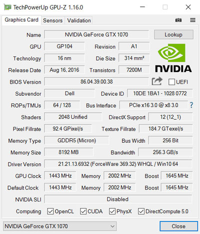 NVIDIA GeForce GTX 1070GPU-ZŌB