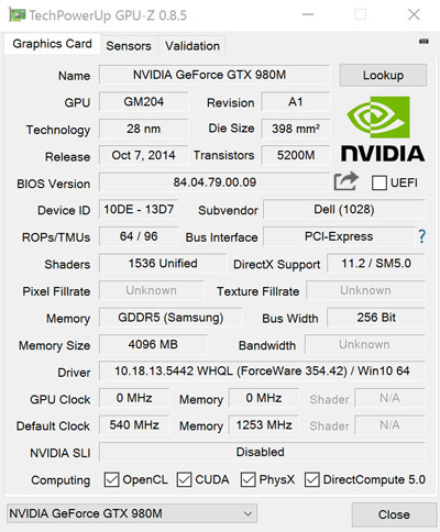 NVIDIA GeForce GTX 980M 8GB GDDR5GPU-ZŌB