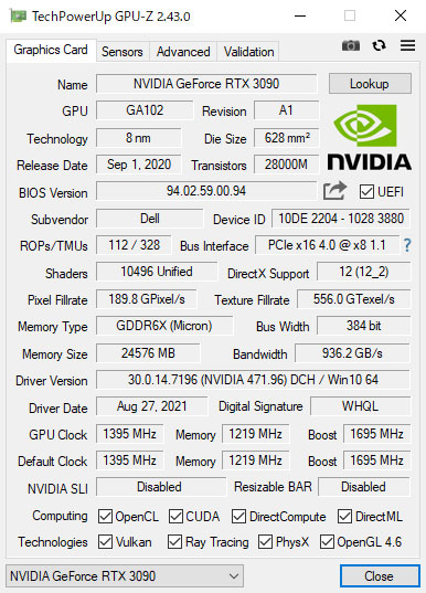 GPU-ZŁuNVIDIA GeForce RTX 3090 24GB GDDR6Xv