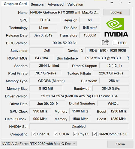 GPU-ZŁuNVIDIA GeForce RTX 2080 8GB GDDR6 Max-Q fUC tv