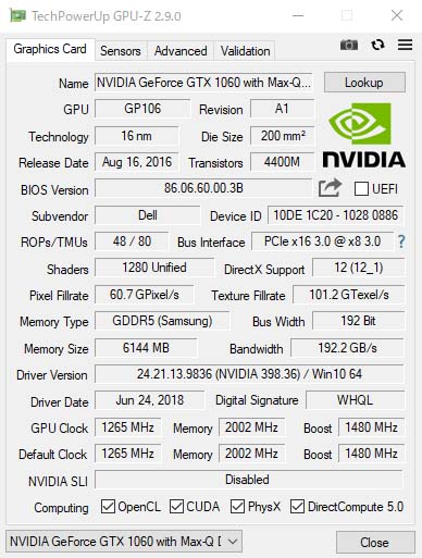 uNVIDIA GeForce GTX 1060 NVIDIA Max Q fUC eNmW , 6GB GDDR5 rfI tvGPU-ZŌ