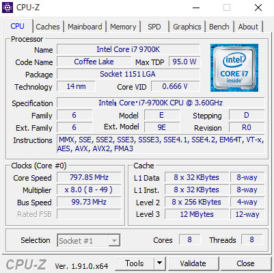 CPU-ZŁuXCore i7-9700K vZbT[v