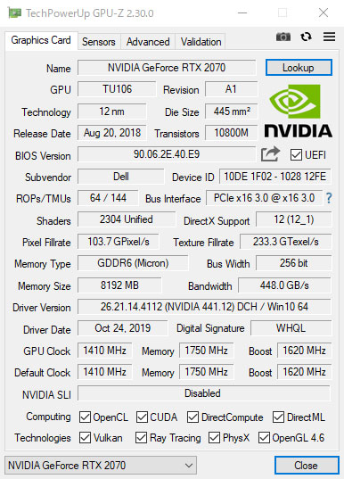 GPU-ZŁuNVIDIA GeForce RTX 2070 SUPER 8GB GDDR6vB