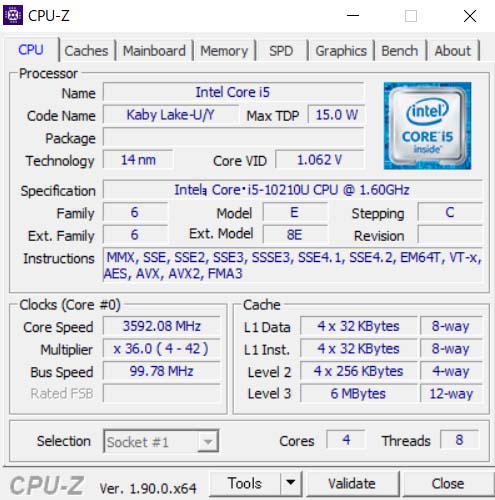 CPU-ZŁuCore i5-10210U vZbT[v