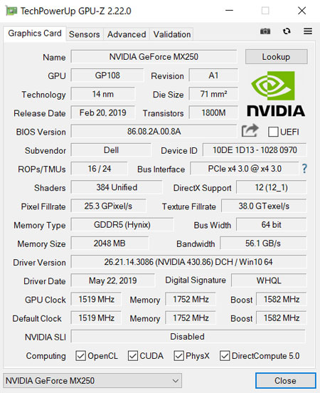 GPU-ZŁuNVIDIA GeForce MX250 2GB GDDR5 OtBbNX [ tv