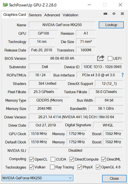 uNVIDIA GeForce MX250 2GB GDDR5 OtBbNX [ tvGPU-ZŌB