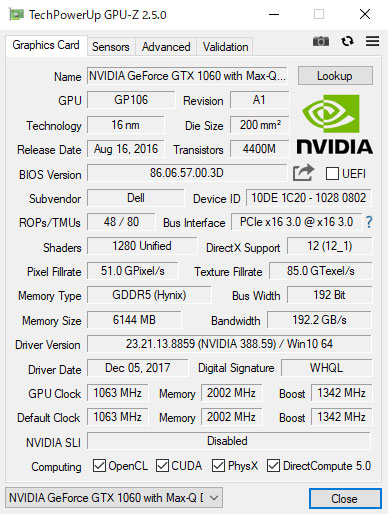 GPU-ZŁuNVIDIA GeForce GTX 1060 NVIDIAR Max Q fUC eNmW[ , 6GB GDDR5 rfI tvB
