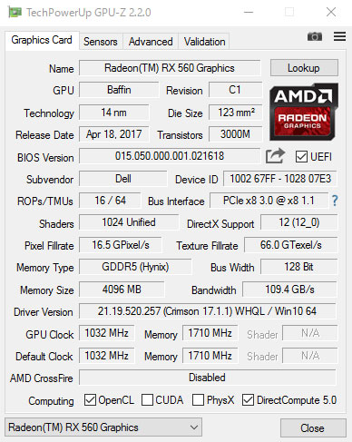 GPU-ZŁuAMD Radeon RX560 4GB GDDR5vB