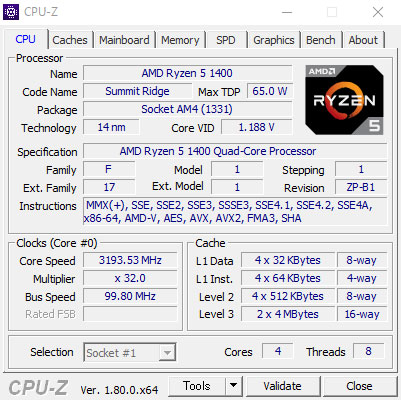 AMD Ryzen 5 1400 vZbT[ (4C/8T, 10MB LbV, 3.4 GHz Precisionu[Xg)