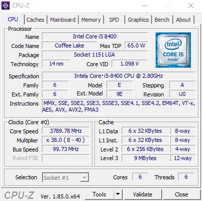 CPU-ZŁuWCore i5-8400 vZbT[v