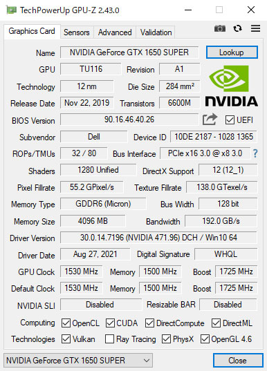 uNVIDIA GeForce GTX 1650 SUPER 4GB GDDR6vGPU-ZŌ