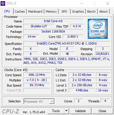 CPU-ZŁuCore m5-6Y57 vZbT[vB