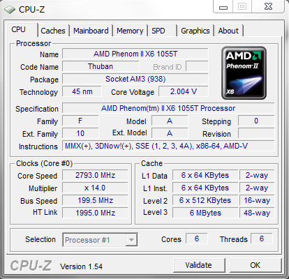 Phenom II X6 1055T(2.80GHz/3.3GHz)CPU-ZŊmF