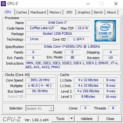 CPU-ZŁuW Ce Core i7-8550Uv