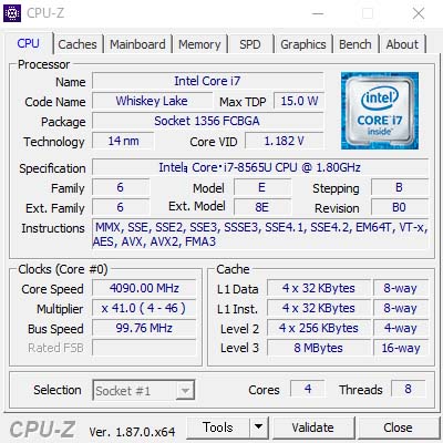 CPU-ZŁuW Ce Core i7-8565Uv