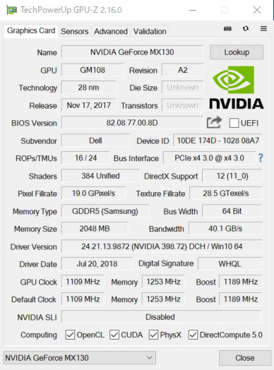 GPU-ZŁuNVIDIA GeForce MX130 (2GB GDDR5 OtBbNX )vB
