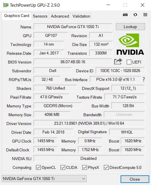 NVIDIA GeForce GTX 1050 TiGPU-ZŌ