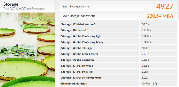 ハードディスクへのアクセス速度を調べる「Strage」。256GB SSDの結果は4927。