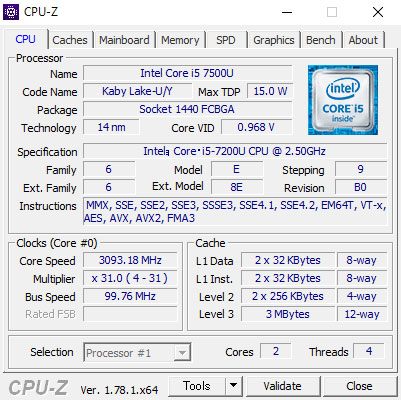 CPU-Zで「第7世代 Core i5-7200U(2.5〜2.7GHz)」を見る。