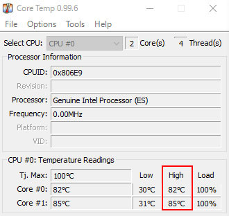 省電力タイプのCore i5-7200Uなので、CPUの負荷を100%まで上昇させても85℃程度