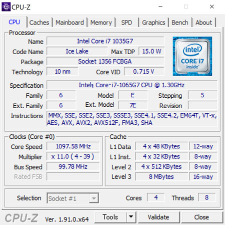 CPU-ZŁu10 Ce Core i7-1065G7 vZbT[v