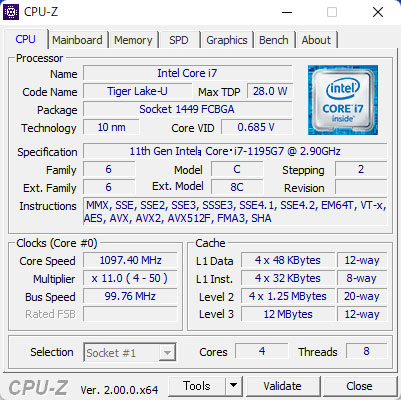 CPU-ZŁu11 Ce Core i7-1195G7 vZbT[ (12MB LbV, up to 5.0 GHz)v