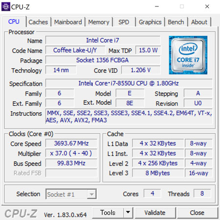 CPU-ZŁuCore i7-8550U vZbT[v