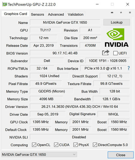 VIDIA GeForce GTX 1650 4GB GDDR5GPU-ZŌB