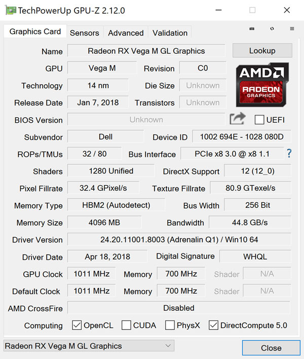 GPU-ZŁuRadeon RX Vega M GL OtBbNX(4GB HBM2 OtBbNX  t)v