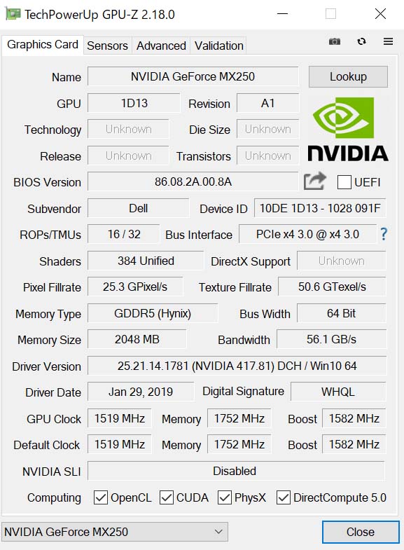 GPU-ZŁuNVIDIA GeForce MX250 2GB GDDR5 OtBbNX [ tvB