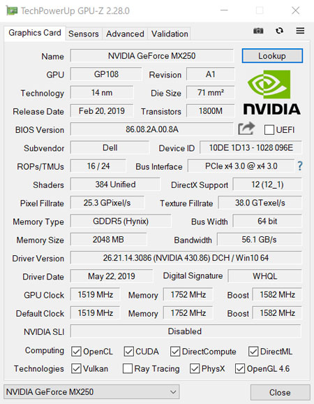 NVIDIA GeForce MX250 2GB GDDR5 OtBbNX [ t