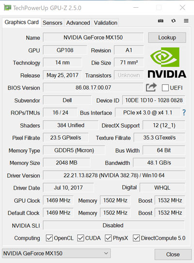 GPU-ZŁuNVIDIA GeForce MX150 2GB GDDR5vB