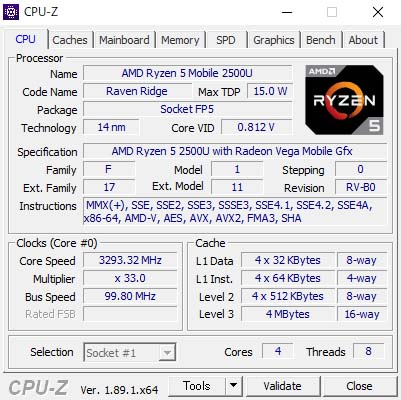 CPU-ZŁuAMD Ryzen 5 2500U oC vZbT[ Radeon Vega 8 OtBbNX tv