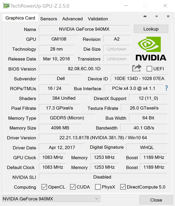 GPU-ZŁuNVIDIA GeForce 940MXv