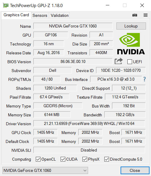 GPU-ZŁuNVIDIA GeForce GTX 1060 6GB GDDR5 tv