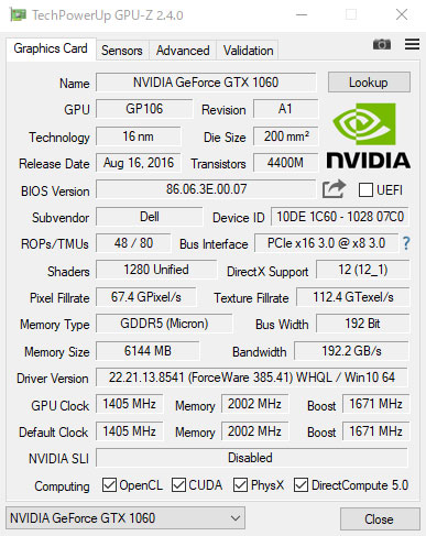 NVIDIA GeForce GTX 1060GPU-ZŌ