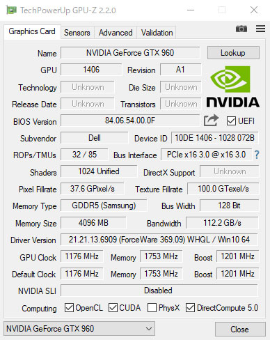 GPU-ZŁuNVIDIA GeForce GTX 960 GPU 4GB DDR5 tvB