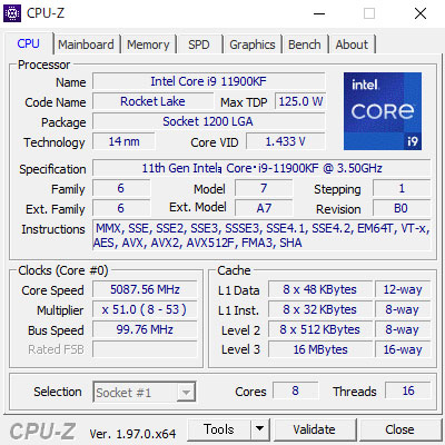 CPU-ZŁu11 Ce Core i9 11900KF (8-RA, 16MB LbV, 3.5Ghz - 5.3GHzw/Thermal Velocity Boost)v