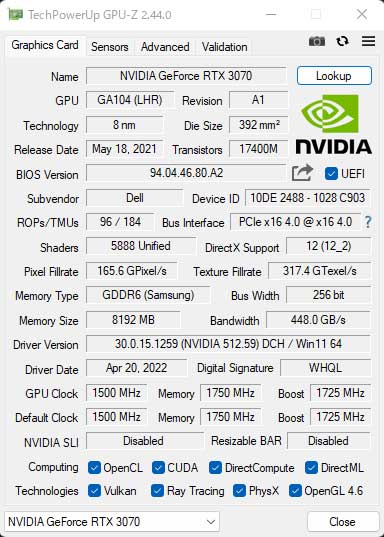 GPU-ZŁuNVIDIA GeForce RTX 3070 8GB GDDR6 LHRvB