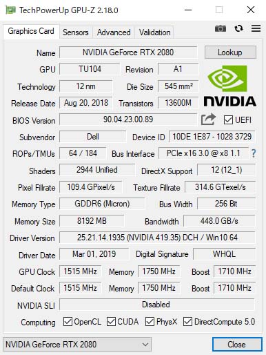 GPU-ZŁuNVIDIA GeForce RTX 2080 OC (8GB GDDR6)vB