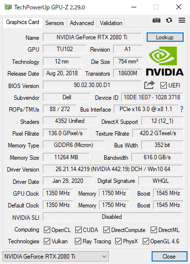 GPU-ZŁuNVIDIA GeForce RTX 2080 Ti 11GB GDDR6 (I[o[NbNΉ)vB