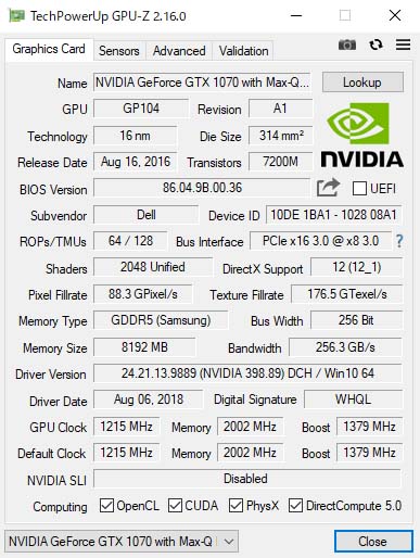 GPU-ZŁuNVIDIA GeForce GTX 1070 Max-Q fUC 8GB GDDR5 tv