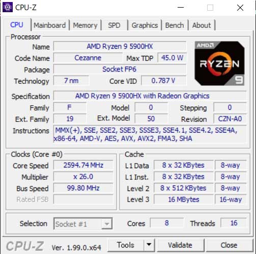 CPU-ZŁuAMD Ryzen 9 5900HX (8-RA, v20MB LbV, őu[XgENbN4.6GHz)v