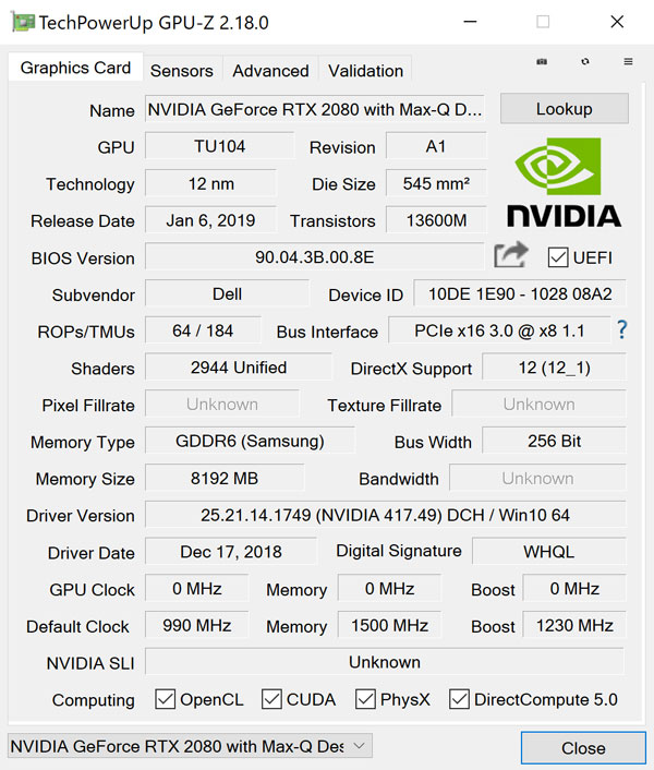 GPU-ZŁuNVIDIA GeForce RTX 2080 Max-Q fUC tvB