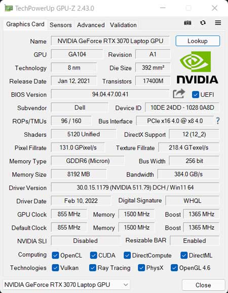 GPU-ZŁuNVIDIA GeForce RTX 3070 8GB GDDR6v