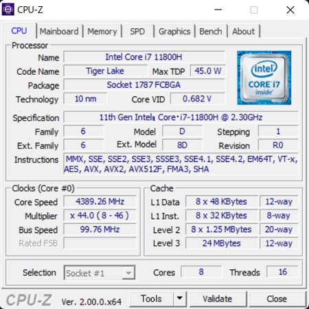 CPU-ZŁu11 Ce Core i7 11800H (8-RA, 24MB L3 LbV, Turbo Boostōő 4.6 GHz܂)v